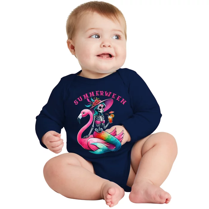 Summerween Mermaid Skeleton Flamingo Summer Halloween Women Baby Long Sleeve Bodysuit