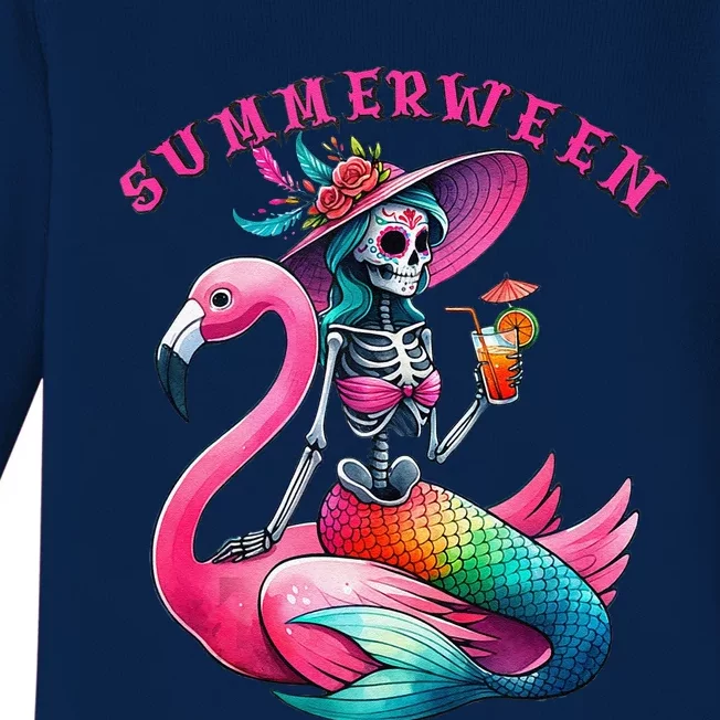 Summerween Mermaid Skeleton Flamingo Summer Halloween Women Baby Long Sleeve Bodysuit