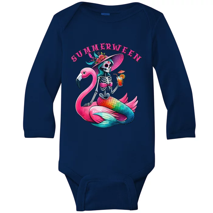 Summerween Mermaid Skeleton Flamingo Summer Halloween Women Baby Long Sleeve Bodysuit