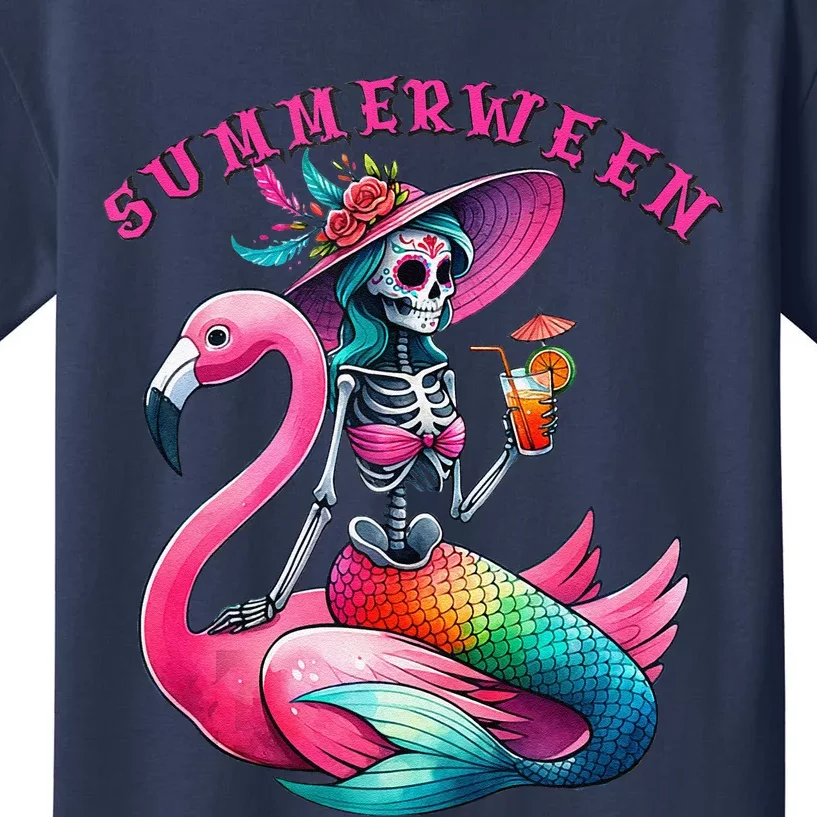 Summerween Mermaid Skeleton Flamingo Summer Halloween Women Kids T-Shirt