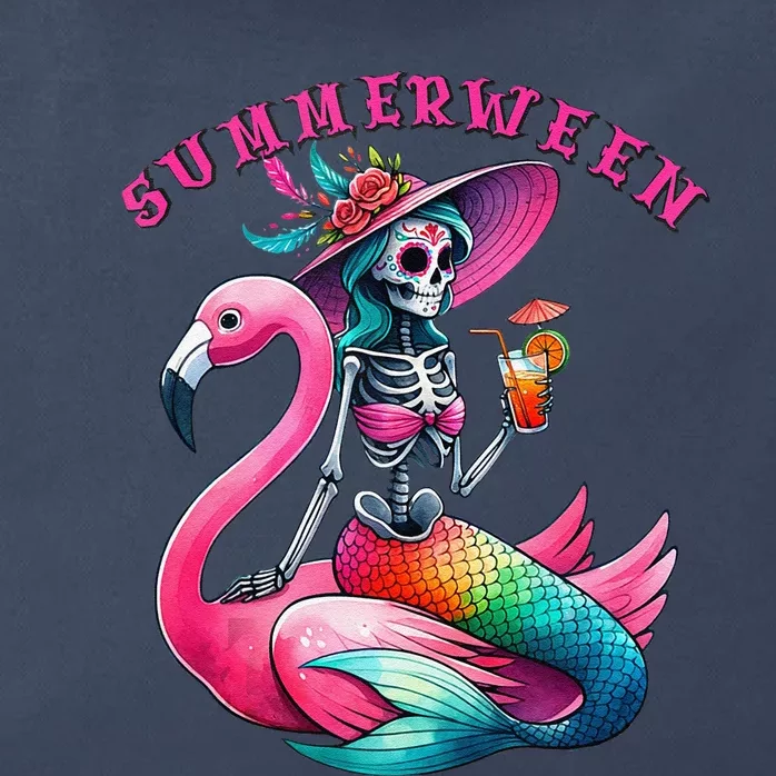 Summerween Mermaid Skeleton Flamingo Summer Halloween Women Zip Tote Bag