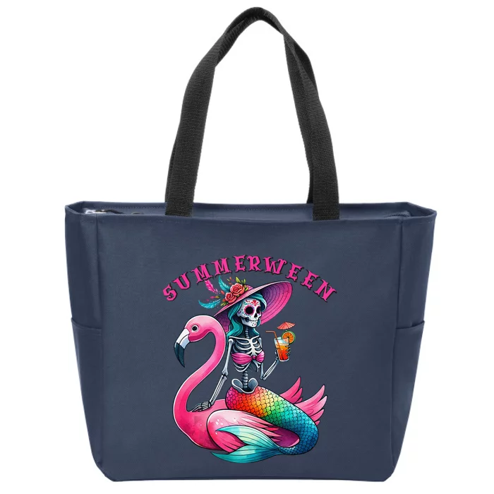 Summerween Mermaid Skeleton Flamingo Summer Halloween Women Zip Tote Bag