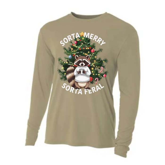 Sorta Merry Sorta Feral Funny Christmas Xmas Cute Raccoon Cooling Performance Long Sleeve Crew