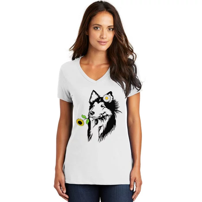 Sheltie mom Shetland Sheepdog sunflower Women's V-Neck T-Shirt