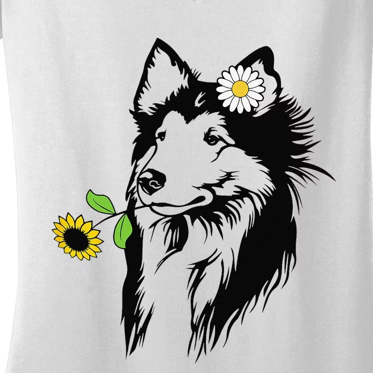 Sheltie mom Shetland Sheepdog sunflower Women's V-Neck T-Shirt