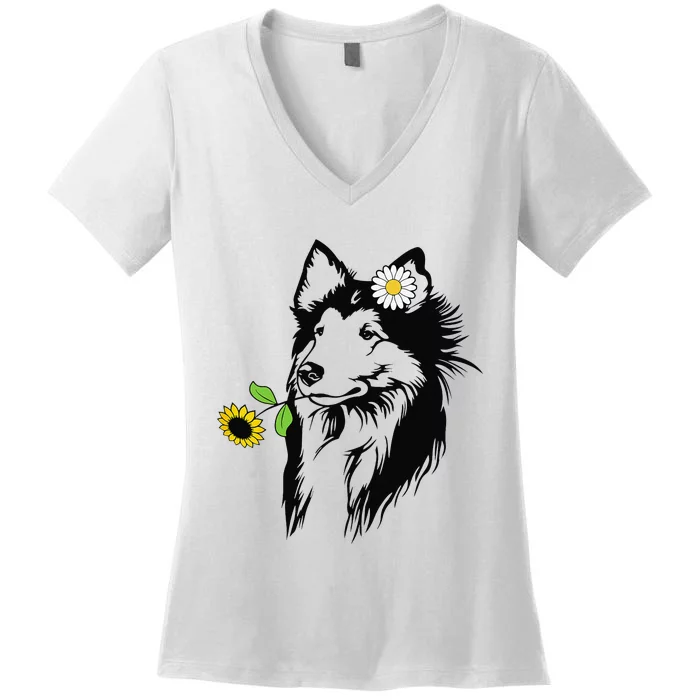 Sheltie mom Shetland Sheepdog sunflower Women's V-Neck T-Shirt