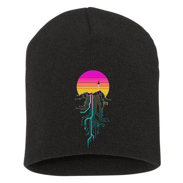 Synth Mountain Sunrise Short Acrylic Beanie