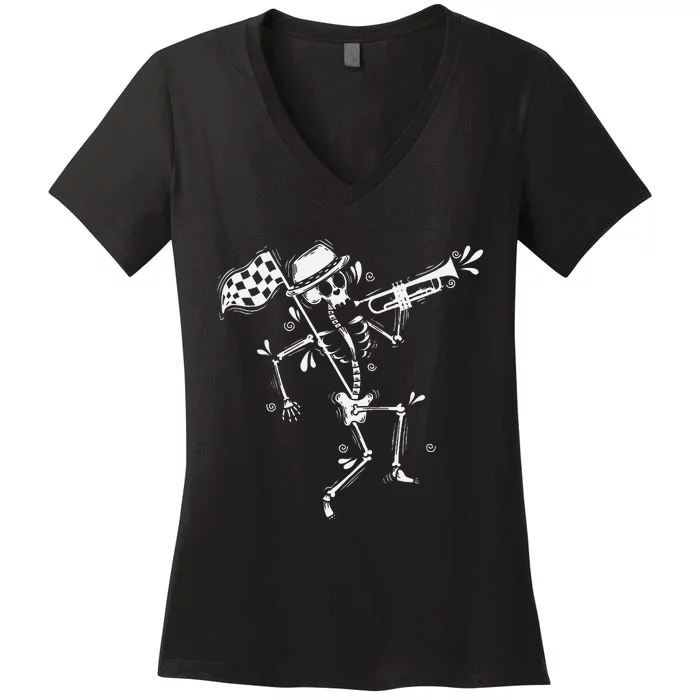 Ska Music Skeleton With Trumpet Jazz Music Style Women's V-Neck T-Shirt