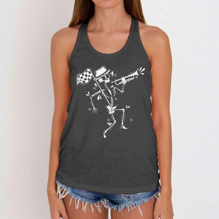 Ska Music Skeleton With Trumpet Jazz Music Style Women's Knotted Racerback Tank