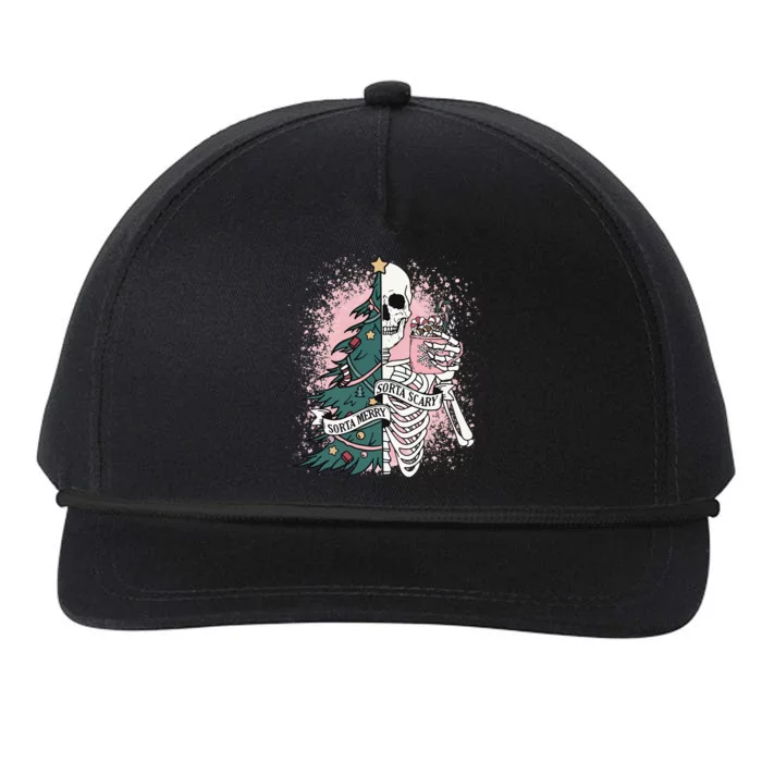 Sorta Merry Sorta Scary Funny Christmas Skeleton Bleached Snapback Five-Panel Rope Hat