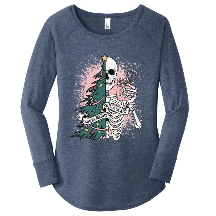 Sorta Merry Sorta Scary Funny Christmas Skeleton Bleached Women's Perfect Tri Tunic Long Sleeve Shirt