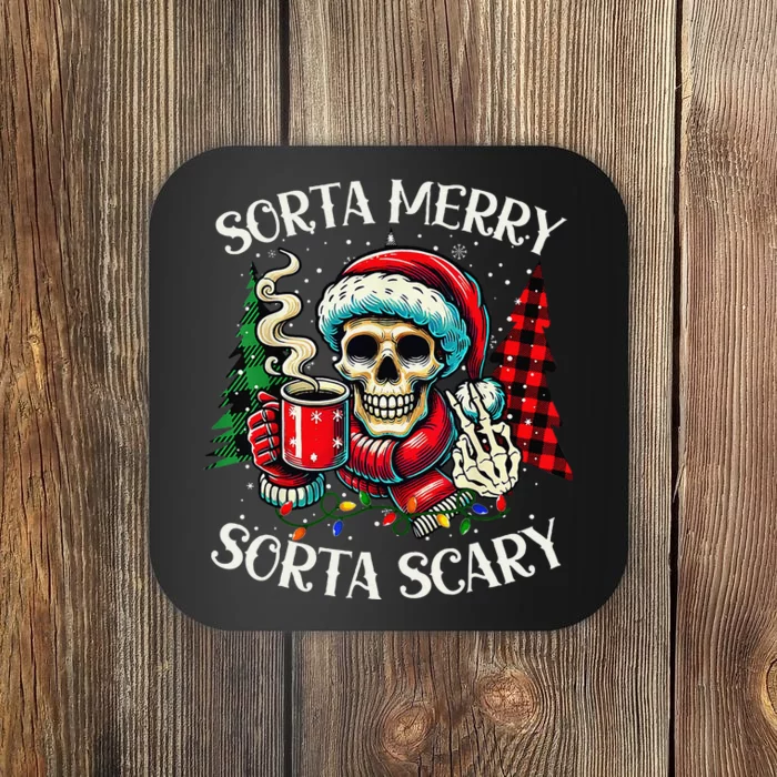 Sorta Merry Sorta Scary Retro Skeleton Hot Cocoa Christmas Coaster