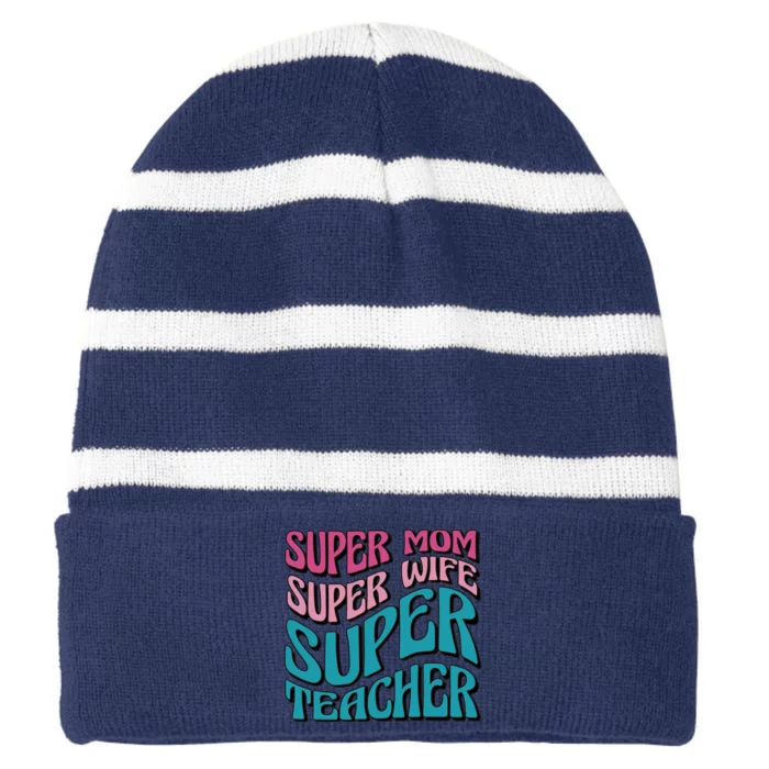 Super Mom Super Wife Super Teacher Striped Beanie with Solid Band