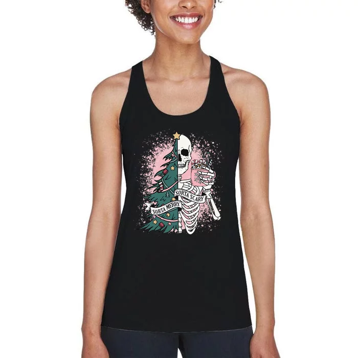 Sorta Merry Sorta Scary Funny Xmas Skeleton Bleached Women's Racerback Tank