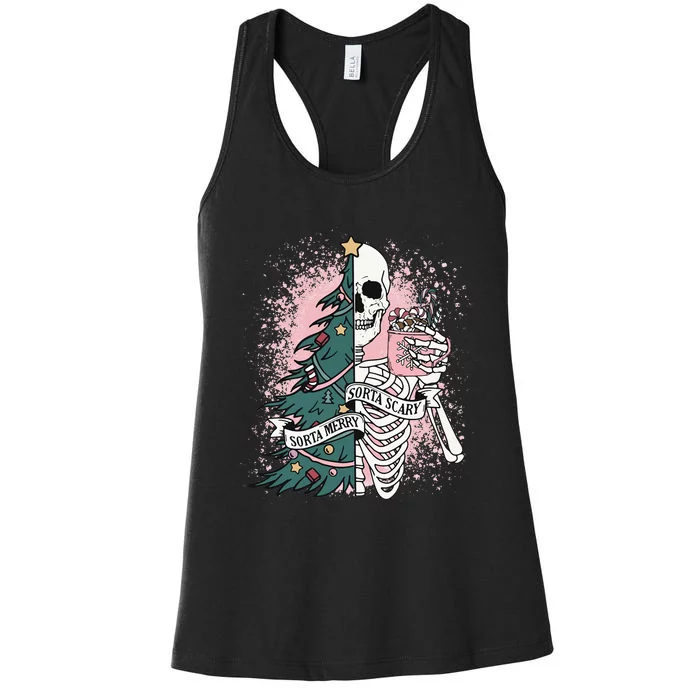 Sorta Merry Sorta Scary Funny Xmas Skeleton Bleached Women's Racerback Tank