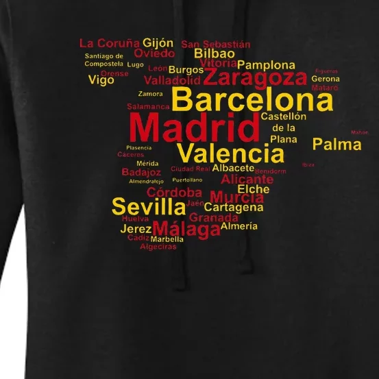 Spain Map Silhouette Towns Cities Madrid Travel Espana Women's Pullover Hoodie