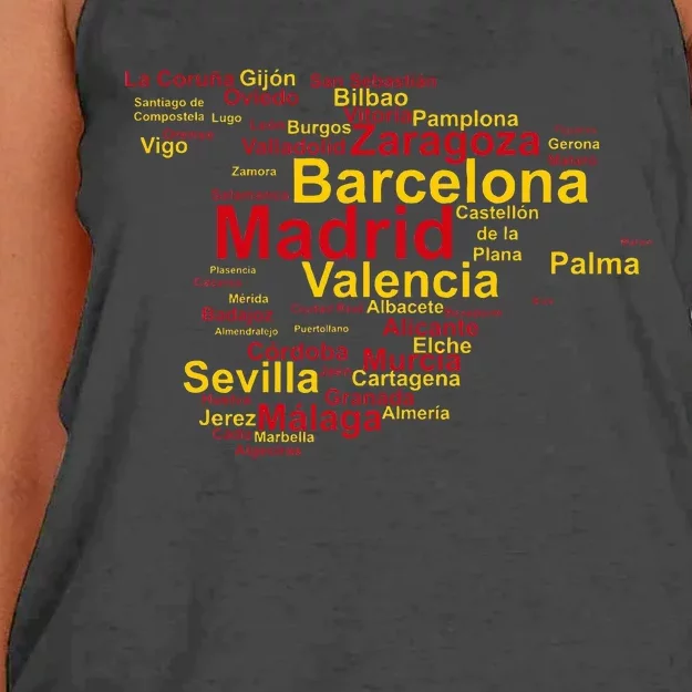 Spain Map Silhouette Towns Cities Madrid Travel Espana Women's Knotted Racerback Tank