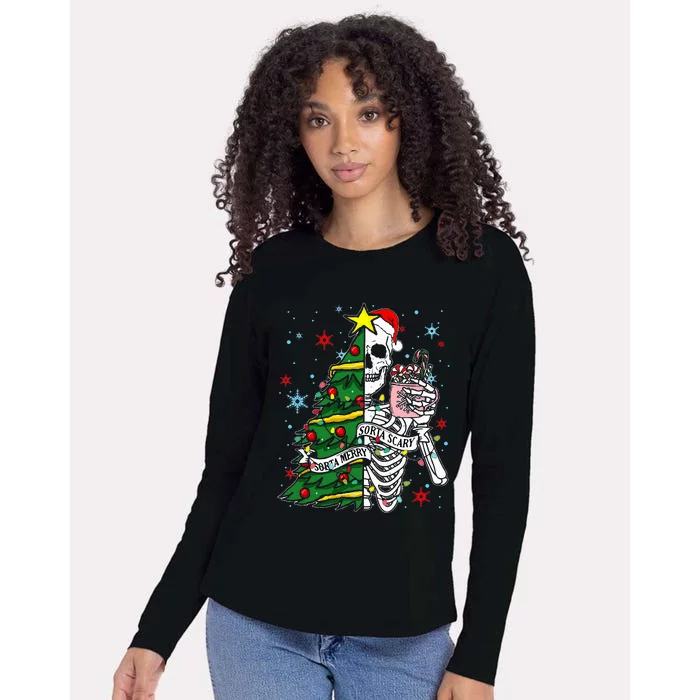 Sorta Merry Sorta Scary Skeleton Xmas Tree Christmas Funny Womens Cotton Relaxed Long Sleeve T-Shirt