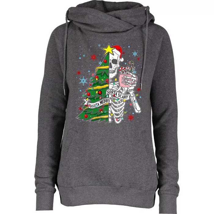 Sorta Merry Sorta Scary Skeleton Xmas Tree Christmas Funny Womens Funnel Neck Pullover Hood