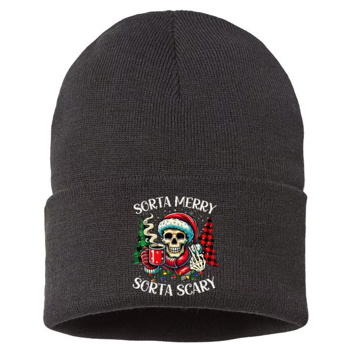 Sorta Merry Sorta Scary Retro Skeleton Hot Cocoa Christmas Sustainable Knit Beanie