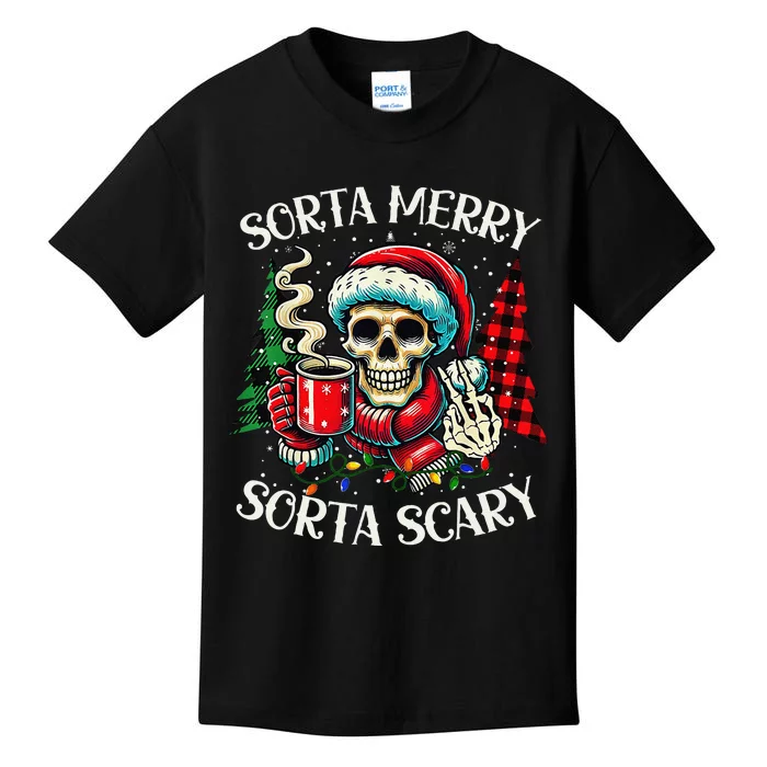 Sorta Merry Sorta Scary Retro Skeleton Hot Cocoa Christmas Kids T-Shirt