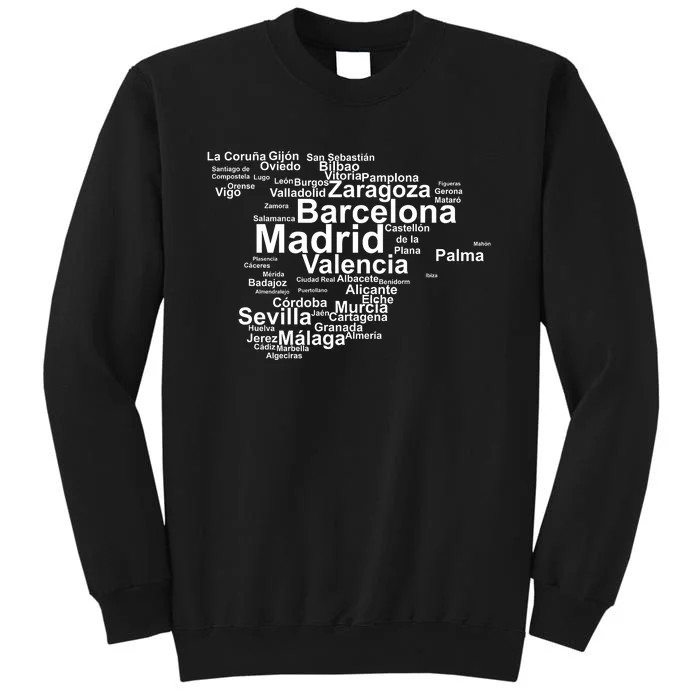 Spain Map Silhouette Towns Cities Madrid Travel Espana Tall Sweatshirt