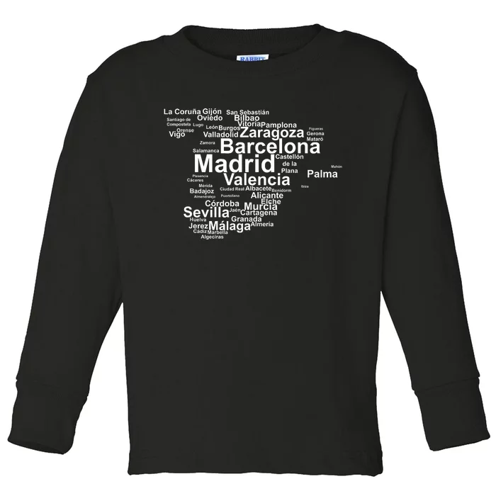 Spain Map Silhouette Towns Cities Madrid Travel Espana Toddler Long Sleeve Shirt