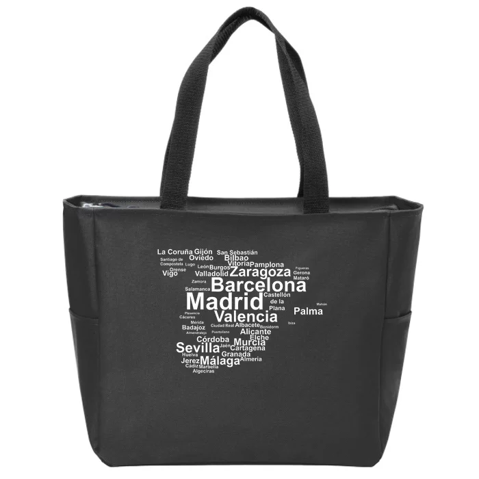 Spain Map Silhouette Towns Cities Madrid Travel Espana Zip Tote Bag