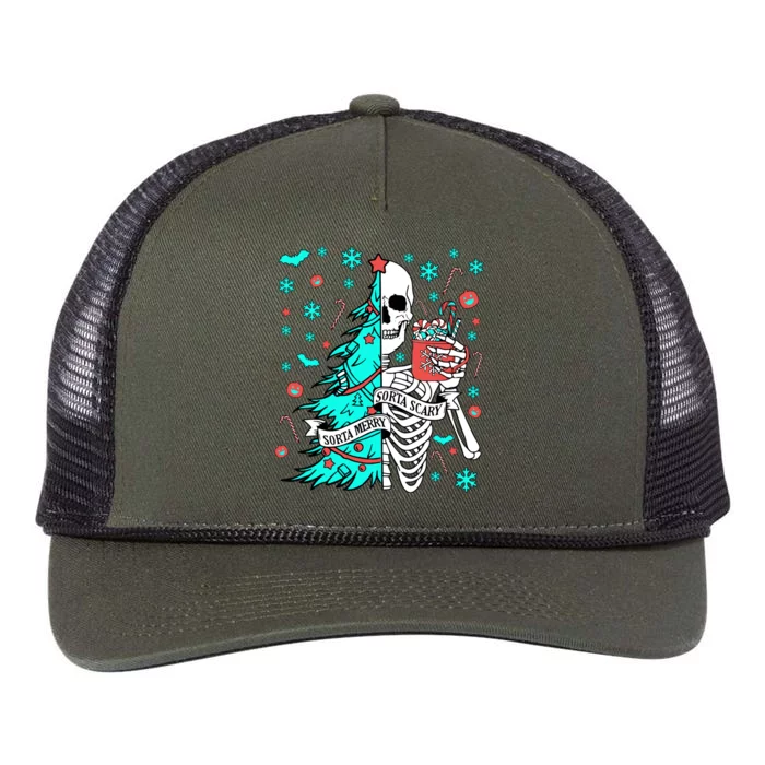 Sorta Merry Sorta Scary Funny Christmas Skeleton Tree Santa Sweatshirt Retro Rope Trucker Hat Cap