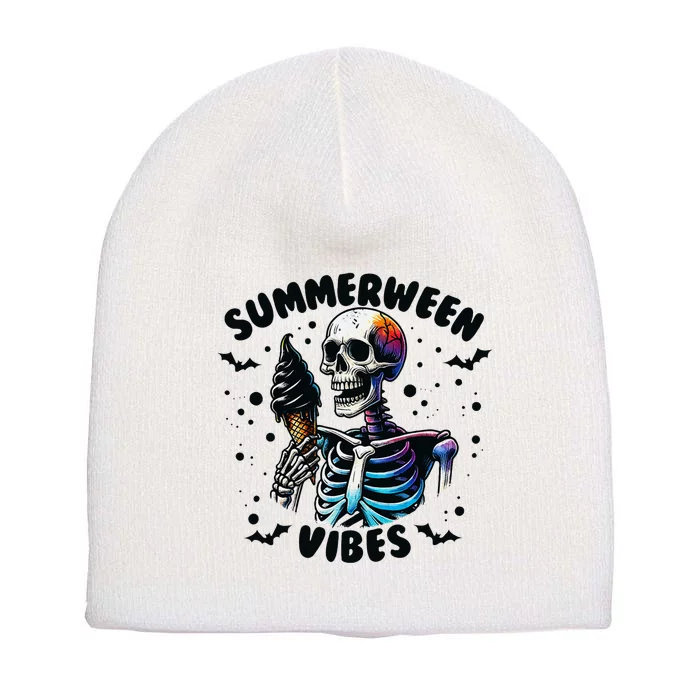 Summerween Magic Skeleton Enjoying Ice Cream Delight Short Acrylic Beanie