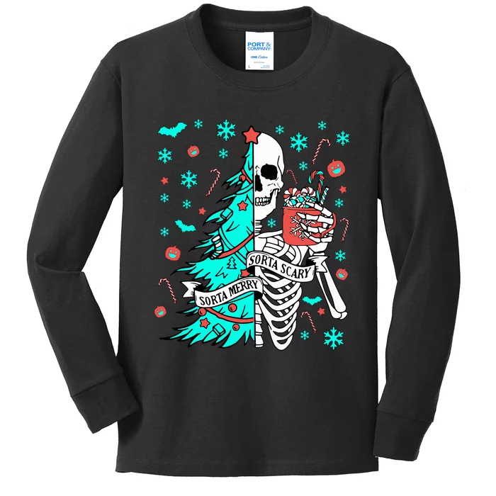 Sorta Merry Sorta Scary Funny Christmas Skeleton Tree Santa Kids Long Sleeve Shirt