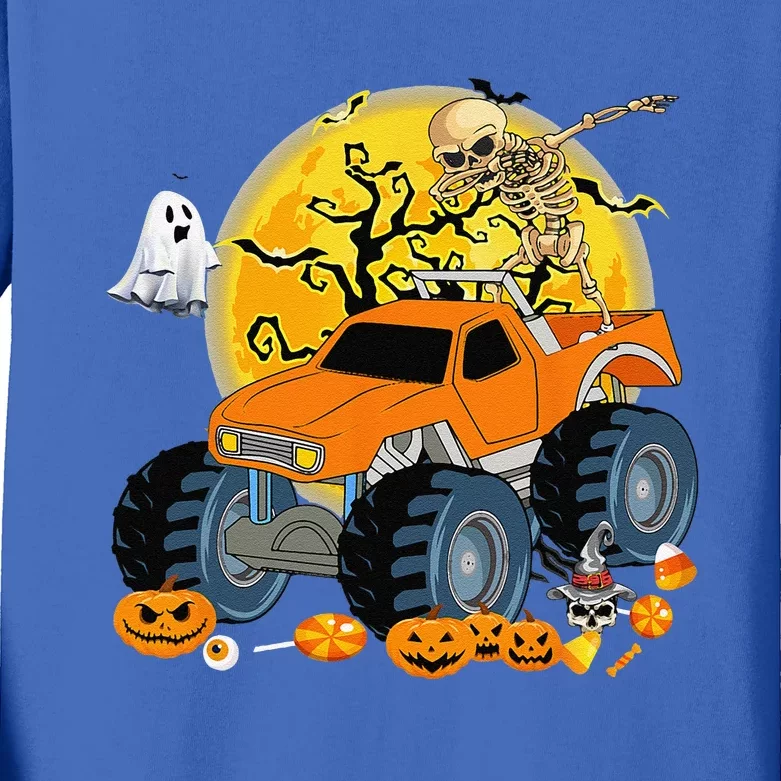 Skeleton Monster Truck Moon Candy Halloween Kids Long Sleeve Shirt