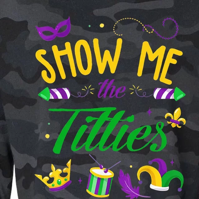 Show Me The Titties Funny Mardi Gras Costume Outfit 2024 Cropped Pullover Crew