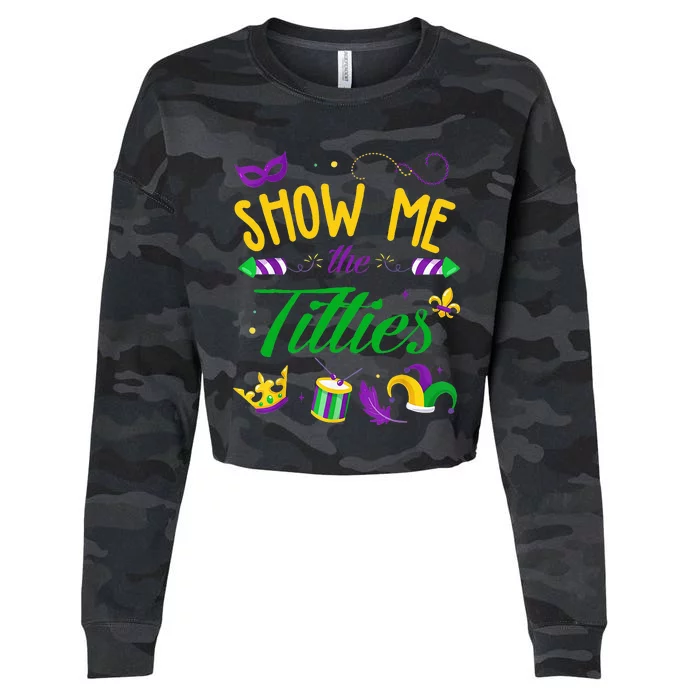 Show Me The Titties Funny Mardi Gras Costume Outfit 2024 Cropped Pullover Crew