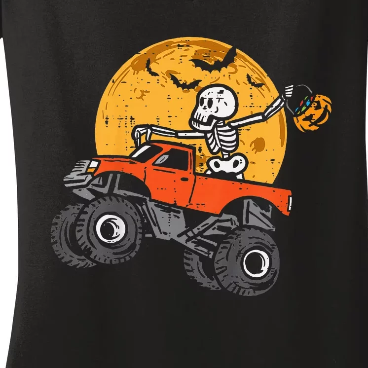 Skeleton Monster Truck Moon Candy Women's V-Neck T-Shirt