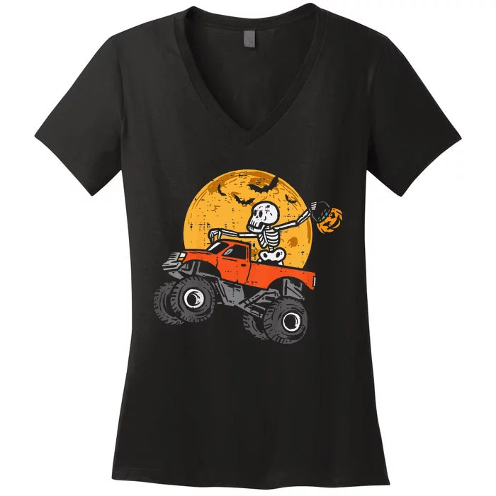 Skeleton Monster Truck Moon Candy Women's V-Neck T-Shirt