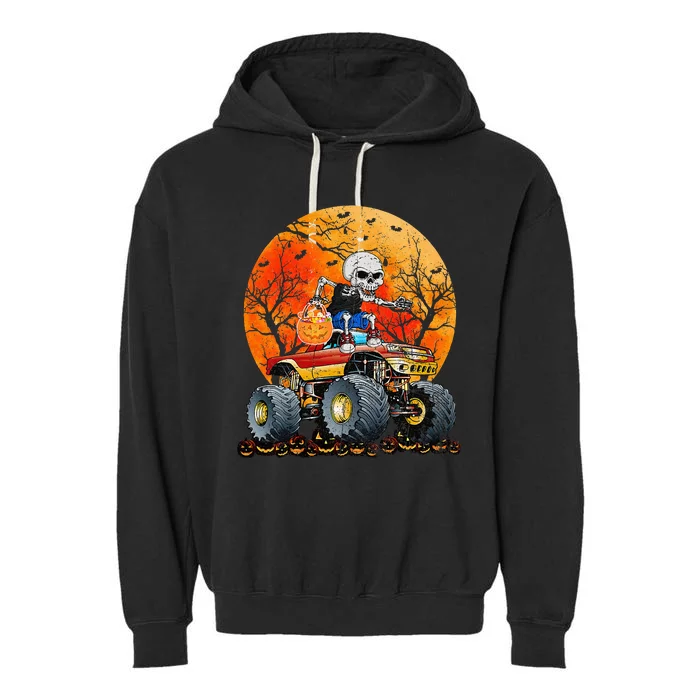 Skeleton Monster Truck Moon Candy Halloween Garment-Dyed Fleece Hoodie