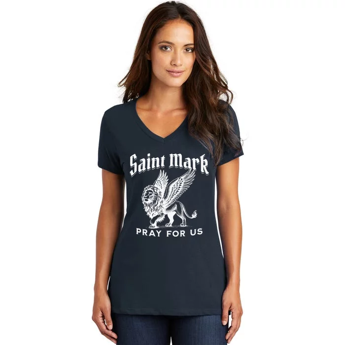 St Mark The Evangelist Apostle Lion Symbol Catholic Saint Women's V-Neck T-Shirt