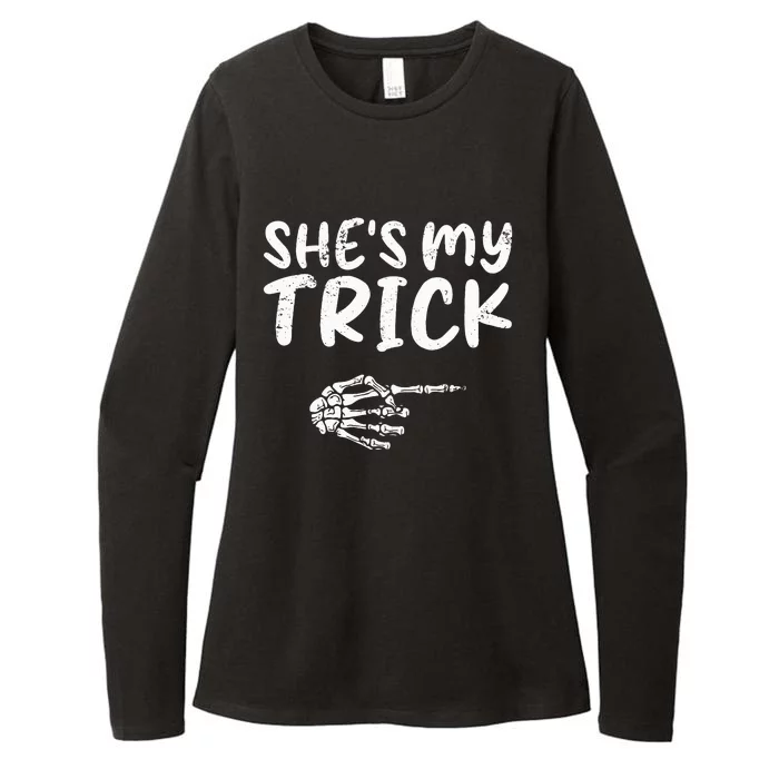 She's My Trick Skeleton Hand Halloween Costume Couples Womens CVC Long Sleeve Shirt