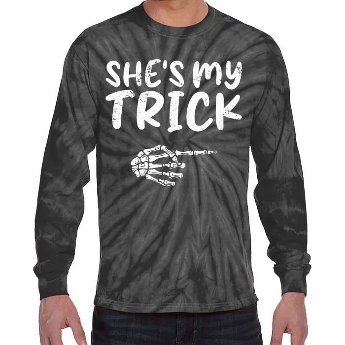 She's My Trick Skeleton Hand Halloween Costume Couples Tie-Dye Long Sleeve Shirt