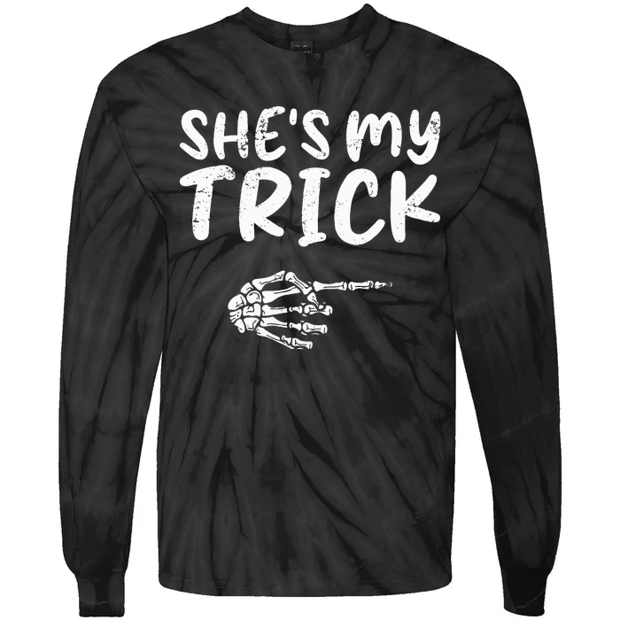 She's My Trick Skeleton Hand Halloween Costume Couples Tie-Dye Long Sleeve Shirt