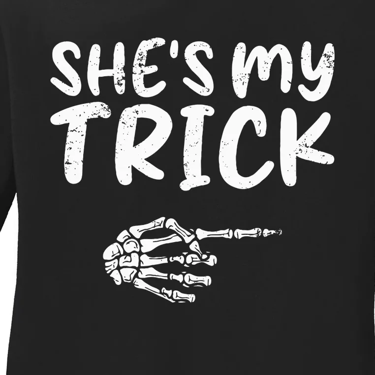 She's My Trick Skeleton Hand Halloween Costume Couples Ladies Long Sleeve Shirt