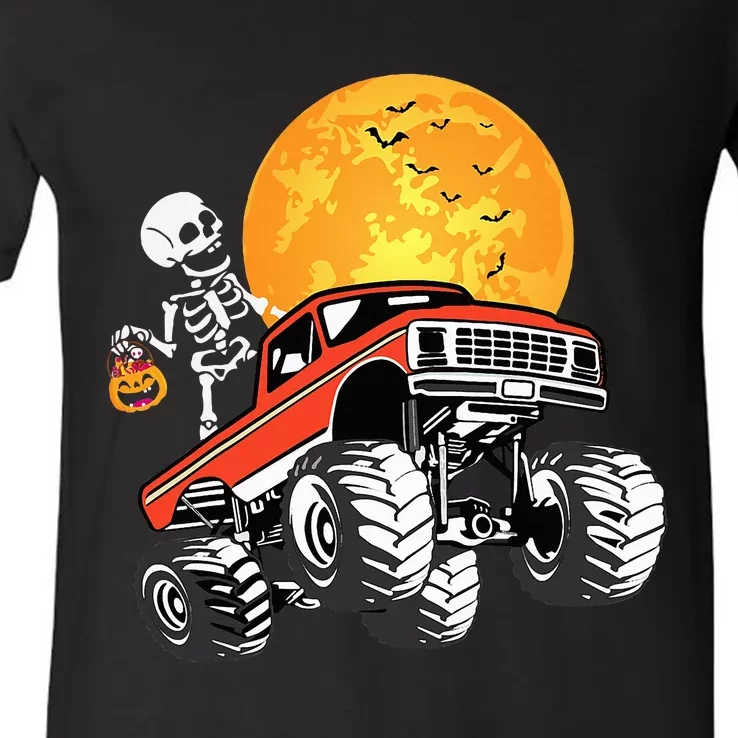 Skeleton Monster Truck Halloween Truck Pumpkin V-Neck T-Shirt