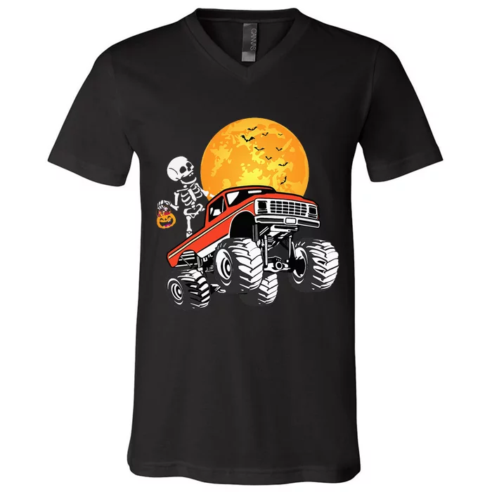 Skeleton Monster Truck Halloween Truck Pumpkin V-Neck T-Shirt