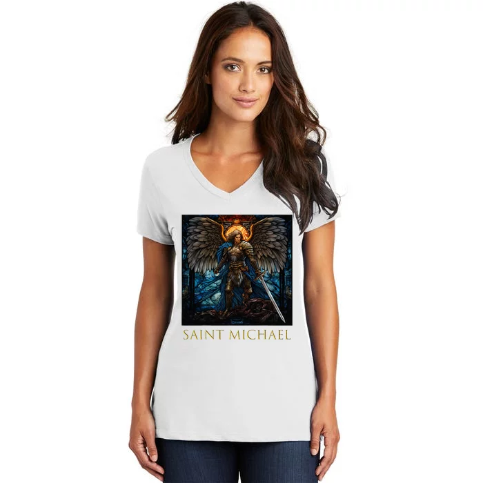 Saint Michael The Archangel Stained Glass Women's V-Neck T-Shirt