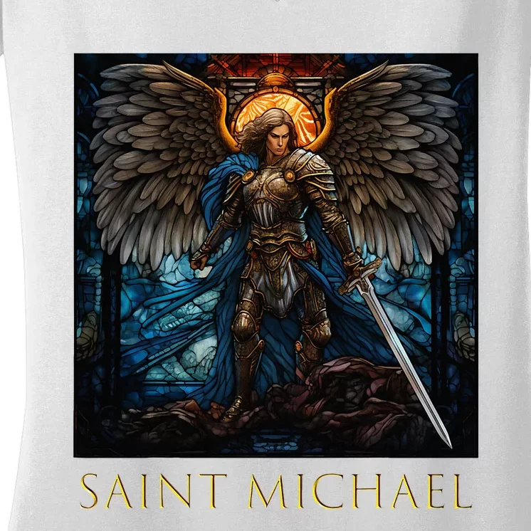 Saint Michael The Archangel Stained Glass Women's V-Neck T-Shirt