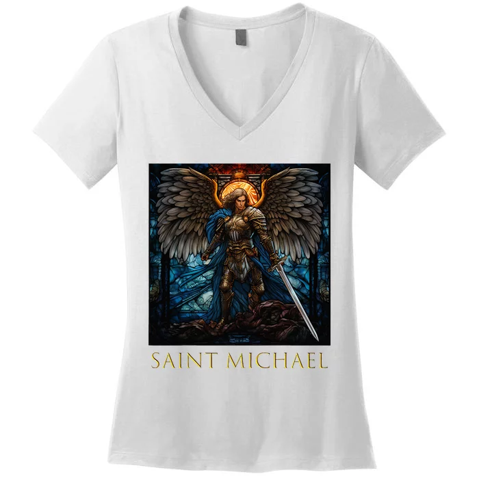 Saint Michael The Archangel Stained Glass Women's V-Neck T-Shirt