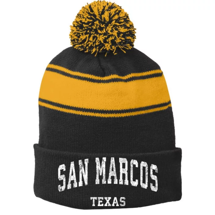 San Marcos Texas Tx Vintage Varsity Sports Stripe Pom Pom Beanie