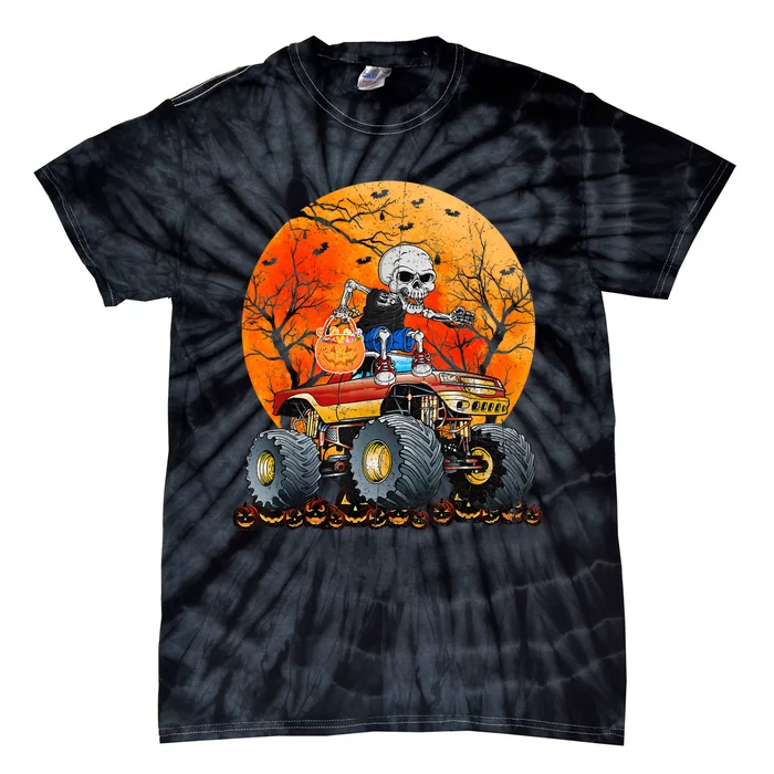 Skeleton Monster Truck Moon Candy Halloween Tie-Dye T-Shirt