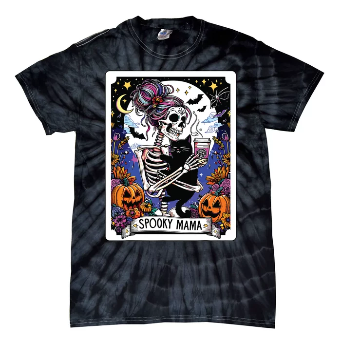 Spooky Mama Tarot Card Halloween Mom Skull Mama Black Cat Tie-Dye T-Shirt